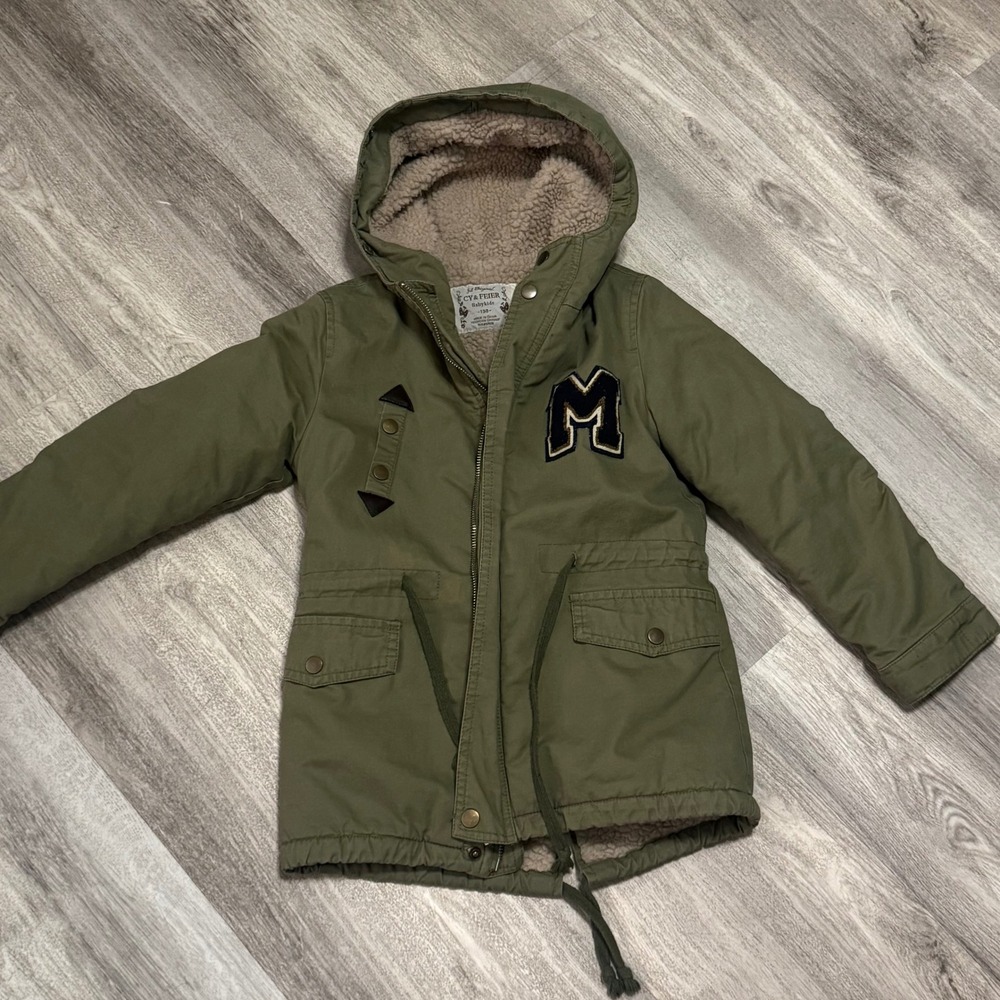 Kids Olive Green Hooded Winter Parka Jacket with Applique Size 5/6